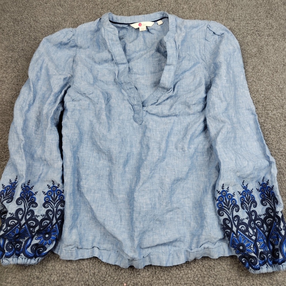 Boden Blouse Blue 100% Linen Embroidered Sleeve V-Neck Blouse Top US 6